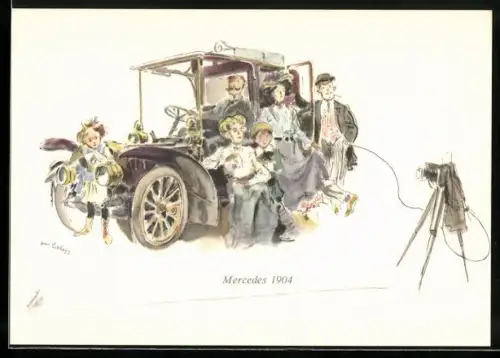 Künstler-AK Mercedes-Benz, Familienfoto mit Mercedes 1904