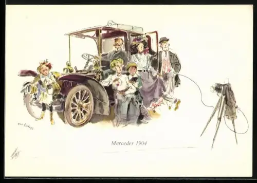 Künstler-AK Mercedes-Benz, Familienfoto mit Mercedes 1904