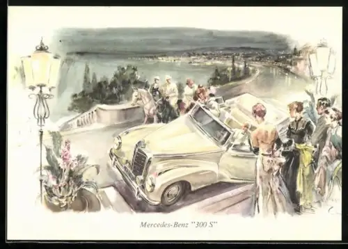 AK Mercedes-Benz 300 S auf einer nächtlichen Uferpromenade