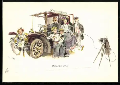 Künstler-AK Mercedes-Benz, Familienfoto mit Mercedes 1904