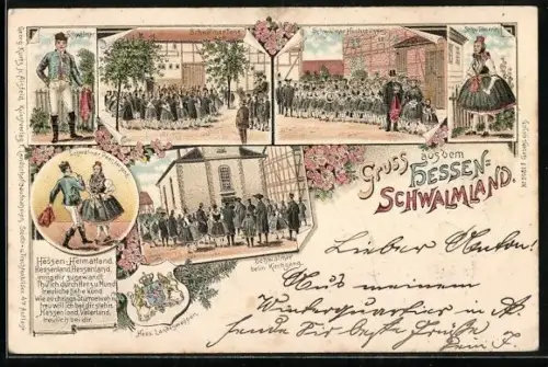 Lithographie Hessen-Schwalmland, Schwälmer Tanz, Schwälmer Hochzeitszug, Schwälmerin in Tracht