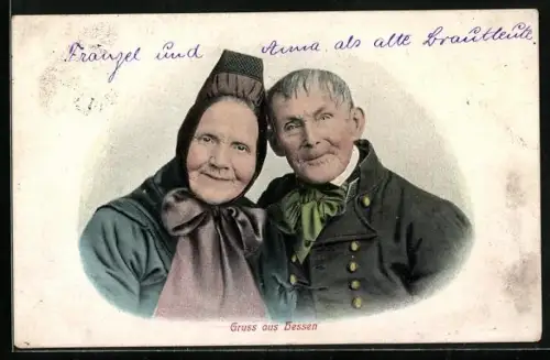 AK Hessen, Altes Bauernpaar in hessischer Tracht