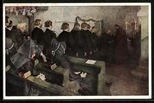 Künstler-AK Abendmahlsfeier, hessische Trachten