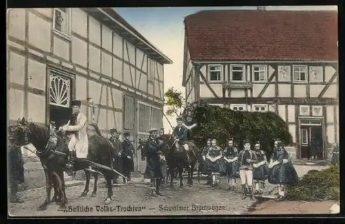 AK Hessische Trachten, Schwälmer Brautwagen, Fachwerkhaus