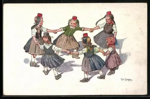 Künstler-AK Hessische Tracht, Mädchen tanzen Ringelreihen