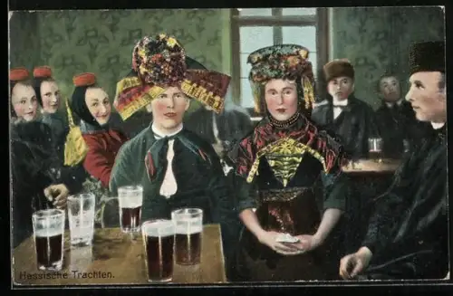 AK Hessische Trachten, Brautpaar in Gasthaus