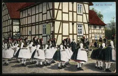 AK Hessische Trachten, Mädchen gehen zur Kirmes