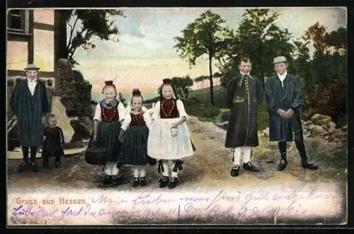 AK Männer und Mädchen in hessischer Tracht