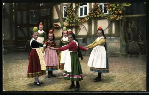 AK Ringelreihen in hessischer Tracht