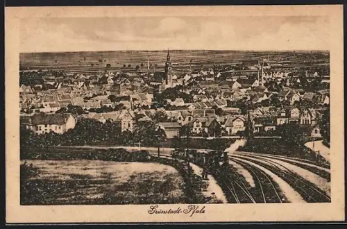 AK Grünstadt /Pfalz, Ortsansicht mit Kirche und Eisenbahngleisen