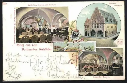 Künstler-AK Dortmund, Rathaus und Inneres vom Ratskeller mit Wappen