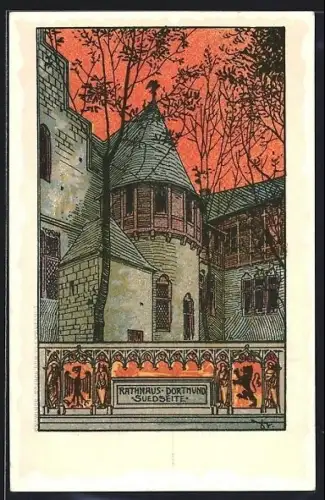 Steindruck-AK Dortmund, Rathaus-Südseite