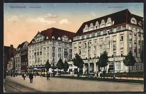 AK Dortmund, Königswall mit Hotel Löwenhof und Hotel Fürstenhof, Strassenbahn
