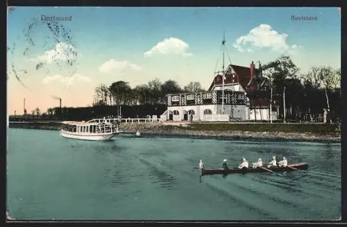 AK Dortmund, Ansicht vom Bootshaus, im Vordergrund Viererruderer
