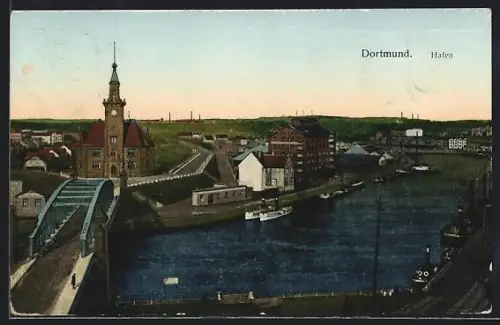 AK Dortmund, Blick auf den Hafen mit Brücke