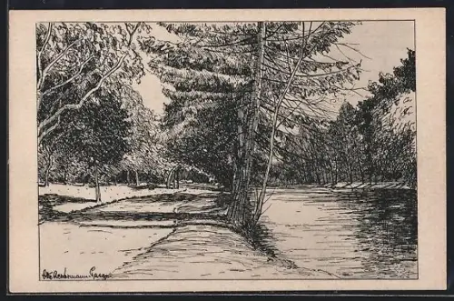 Künstler-AK Moers, Partie im Schlosspark mit Teich