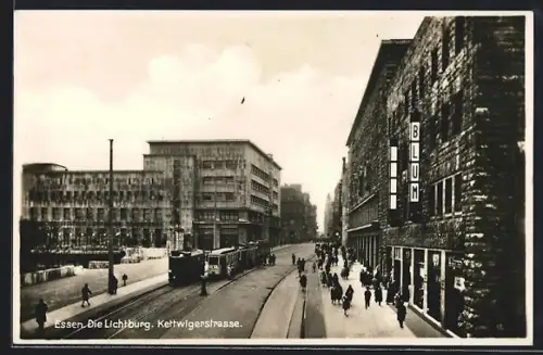 AK Essen, Die Lichtburg, Kettwigstrasse mit Strassenbahn