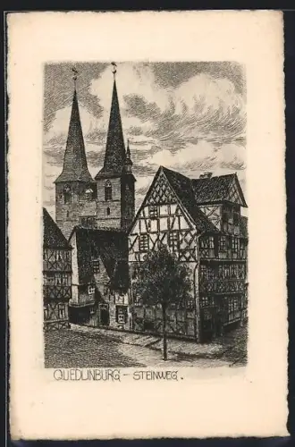 Künstler-AK Quedlinburg, Steinweg mit Fachwerkhäusern und Kirche