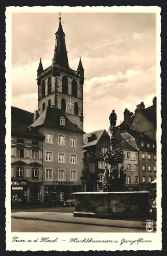 AK Trier a. d. Mosel, Marktbrunnen mit Gangolfturm