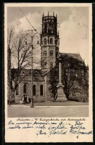 AK Neumünster i. W., Ludgerikirche mit Mariensäule