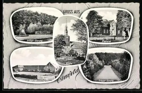 AK Ostenfeld / Husum, Kirche, Pastorat, Krieger-Ehrung, Schule