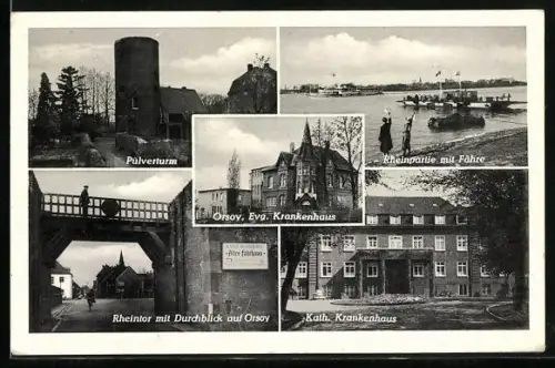 AK Orsoy, Pulverturm, Rheinpartie mit Fähre, Ev. Krankenhaus, Kath. Krankenhaus, Rheintor