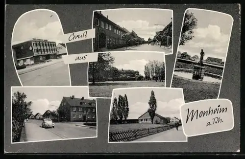 AK Monheim a. Rh., Figur im Park, Strassenpartie mit VW Käfer