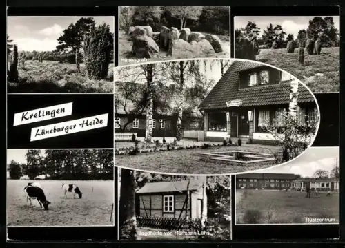 AK Krelingen /Lüneburger Heide, Hünengrab, Jagdhütte von Hermann Löns, Rüstzentrum, Café Schröder