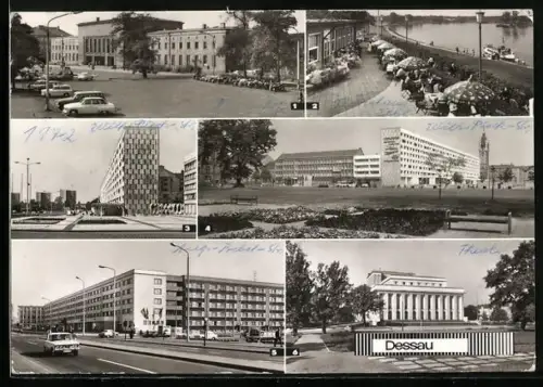 AK Dessau, Hauptbahnhof, HO-Gaststätte, Kornhaus an der Elbe, Landestheater