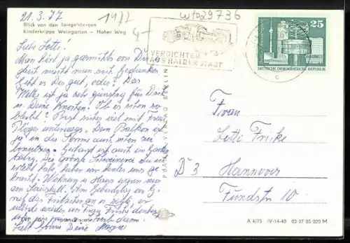 AK Halberstadt, Blick von den Spiegelsbergen, Kinderkrippe Weingarten, Hoher Weg