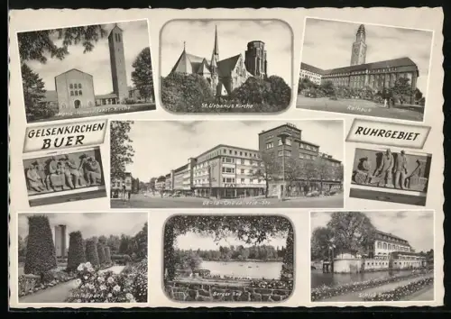 AK Gelsenkirchen-Buer, St. Urbanus Kirche, Rathaus, Berger See, Schloss Berge, De-la-Chevallerie-Strasse