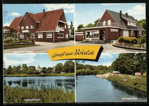 AK Bokeloh, Gasthaus Albers, Lebensmittel Bruns, Seerosenteich, Am Hase-Ufer