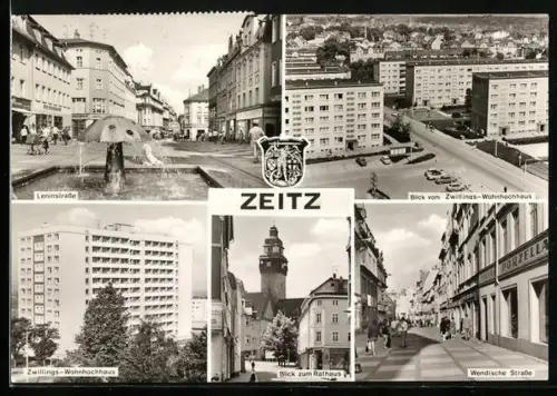 AK Zeitz, Leninstrasse, Zwillings-Wohnhochhaus, Rathaus, Wendische Strasse
