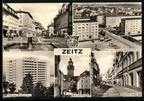 AK Zeitz, Leninstrasse, Zwillings-Wohnhochhaus, Blick zum Rathaus, Wendische Strasse