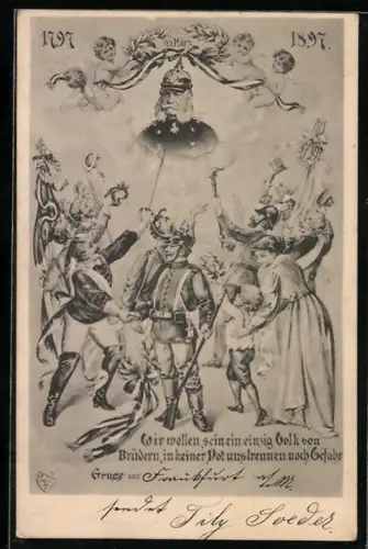 AK Portrait von Kaiser Wilhelm I. in Uniform mit Pickelhaube, Soldaten in Uniform