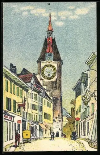 Künstler-AK Bremgarten /AG, Marktgasse mit Spittelturm
