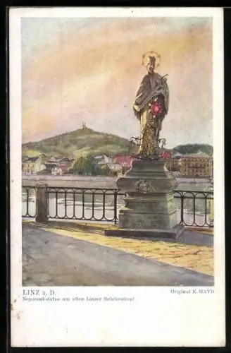 AK Linz a. D., Nepomukstatue am alten Linzer Brückenkopf
