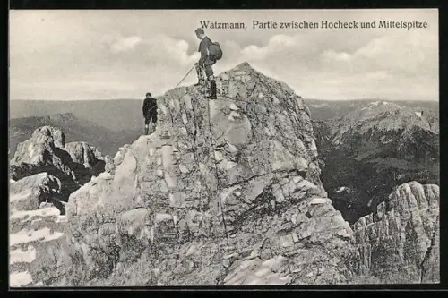 AK Bergsteiger auf dem Watzmann, Partie zwischen Hocheck und Mittelspitze, Bergsteigen