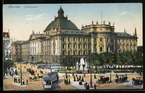 AK München, Blick auf den Justizpalast, Strassenbahn