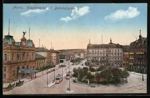 AK Mainz, Hauptbahnhof mit Bahnhofsplatz, Strassenbahn