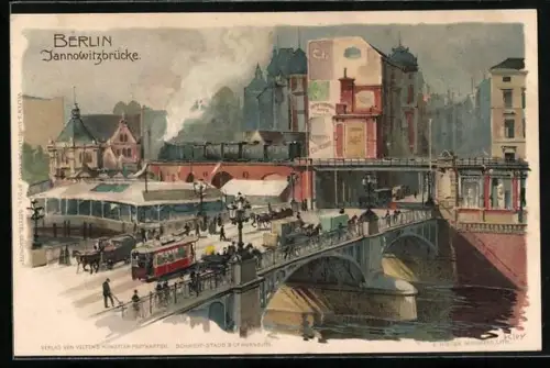 Künstler-AK Heinrich Kley: Berlin, Jannowitzbrücke mit Strassenbahn