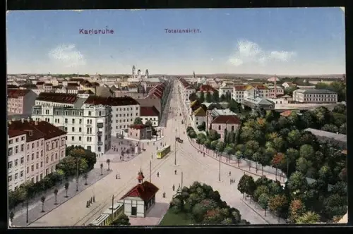 AK Karlsruhe, Totalansicht von der Bernharduskirche, mit Strassenbahn