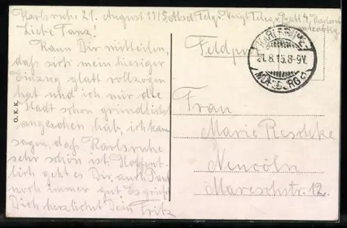 AK Karlsruhe, Totalansicht von der Bernharduskirche, mit Strassenbahn