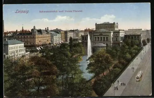 AK Leipzig, Strassenbahn am Schwanenteich mit Blick auf Neues Theater