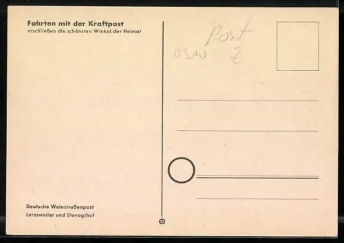 AK Leinsweiler, Deutsche Weinstrassenpost, Kraftpostpost auf der Landstrasse