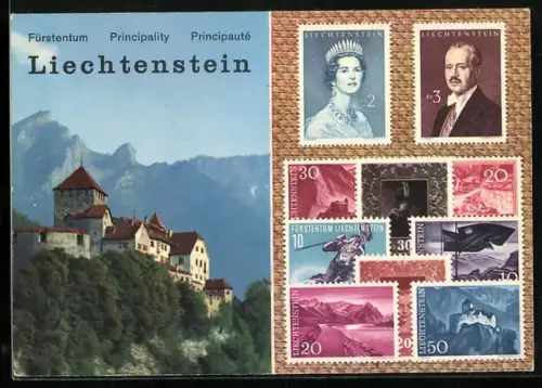 AK Liechtenstein, Schloss Vaduz mit Falknis, Briefmarken