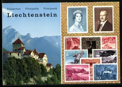 AK Liechtenstein, Schloss Vaduz mit Falknis, Briefmarken