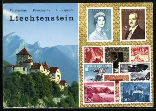 AK Liechtenstein, Schloss Vaduz mit Falknis, Briefmarken