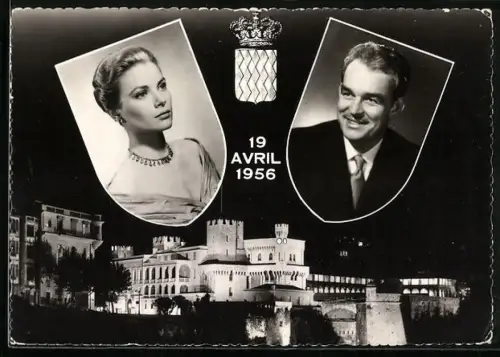 AK Portraits Fürst Rainier III. von Monaco und Schauspielerin Grace Kelly, 19. Avril 1956, Wappen