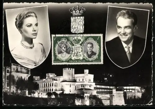 AK Königspaar von Monaco in Portraits, Schloss und Sonderbriefmarke